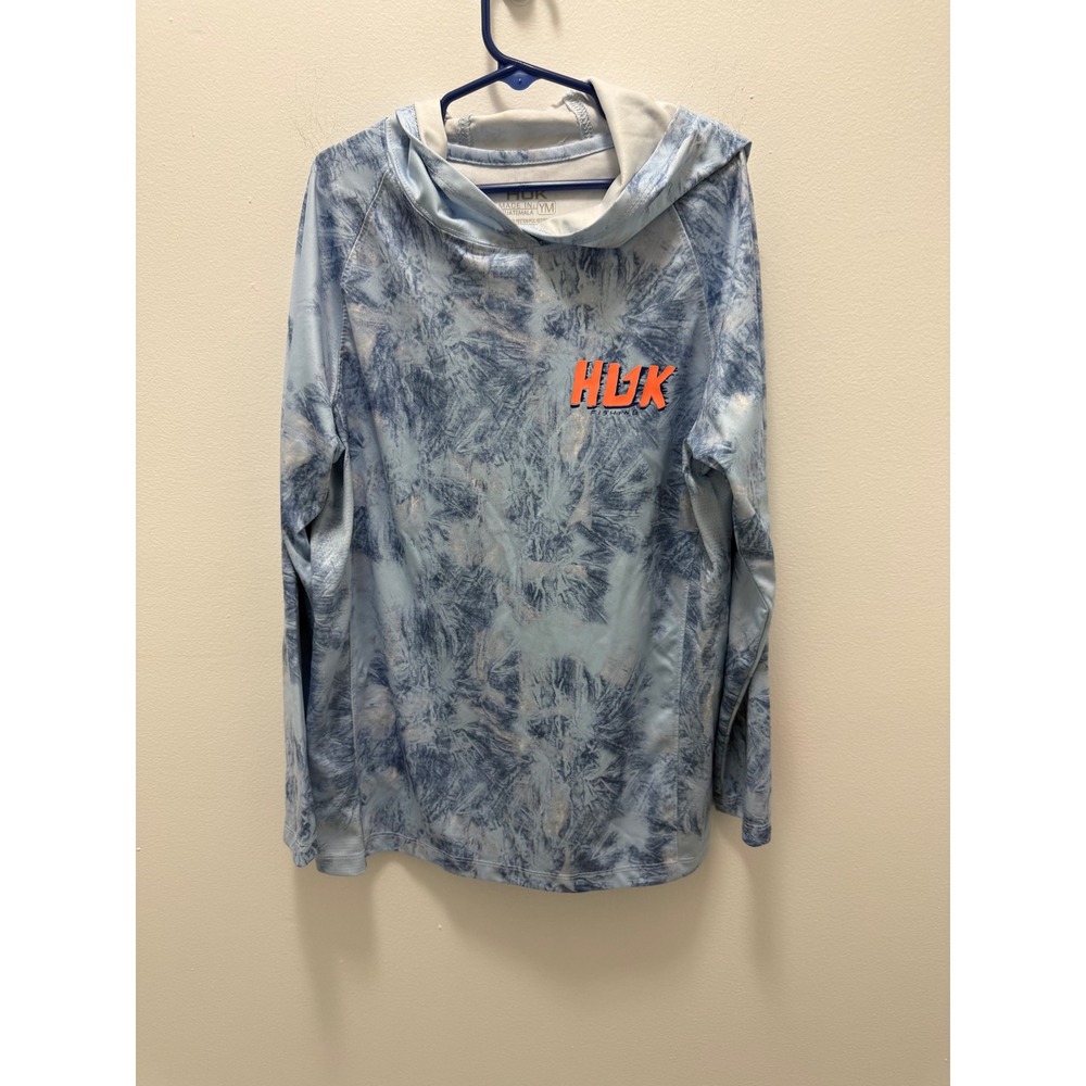 Huk Fishing Boys Blue Ice Tie Dye Performance Hoodie Shirt Size YM Medium